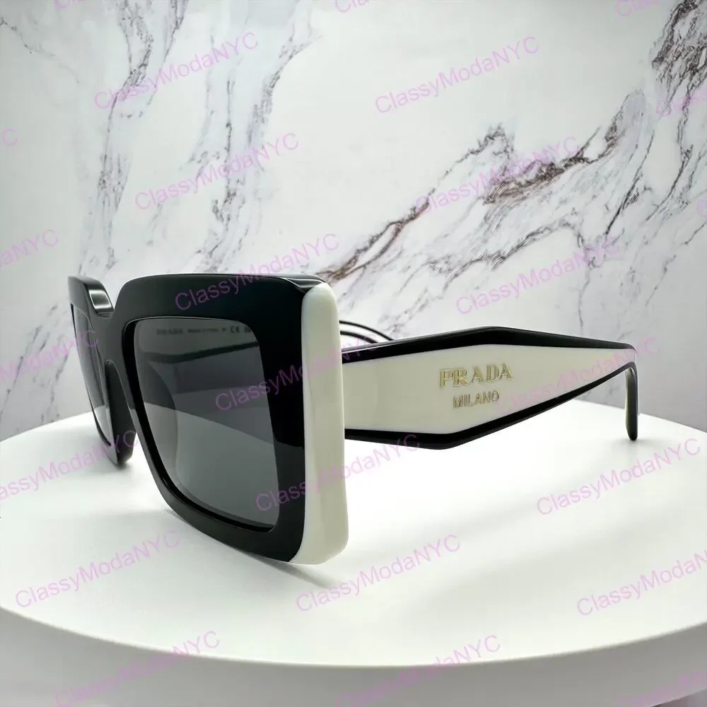 New PRADA Sunglasses Black White Talc Gold Symbole Logo Womens Rectangle